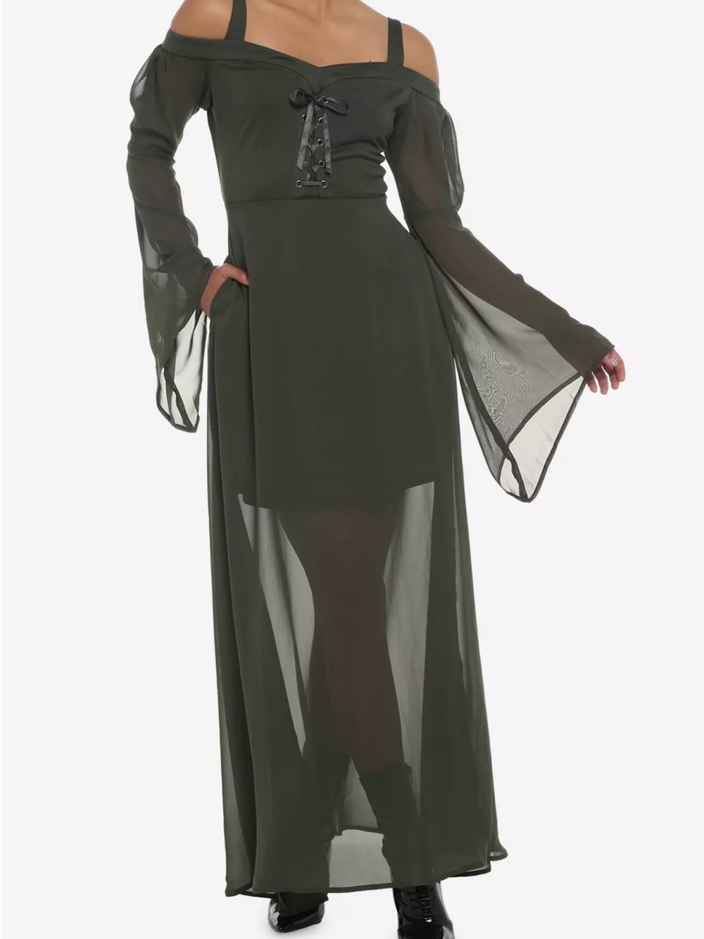 Off-Shoulder Olive lace up front-velvet trim-Chiffon Maxi Dress-Bell Sleeves-S